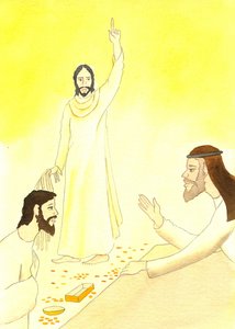 Jesus siger til pengevekslerne i templet: Står der ikke skrevet: "Mit hus skal kaldes et bedehus for alle folkeslagene?", 2001 (w/c på papir) af Elizabeth Wang