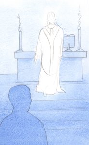 Jesus var til stede iblandt os ved messen, klædt som en præst og vendte sig mod os for at føre os ind i bøn, 2000 (w/c på papir) af Elizabeth Wang