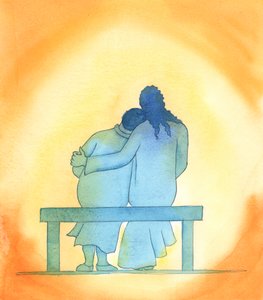 Jesu kærlighed er personlig, øm og uforanderlig; han er altid til stede hos os, især i det hellige sakramente, og trøster os med sit nærvær., 2003 (w/c på papir) af Elizabeth Wang