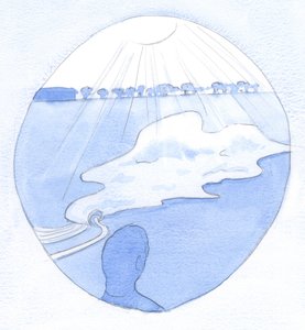Ligesom hvert åndedrag af gas i en ballon bidrager til dens udvidelse og flugt, således forstørrer bøn sjælen, 2001 (w/c på papir) af Elizabeth Wang