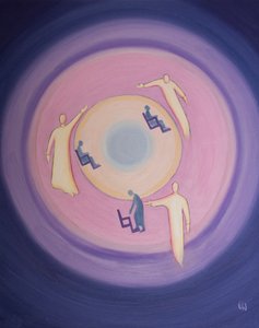 Livet i Kristus er som en konstant bevægende proces af kærlig vejledning fra de tre guddommelige personer. Dette trækker villige sjæle højt op til større hellighed. , 2003 (olie om bord) af Elizabeth Wang
