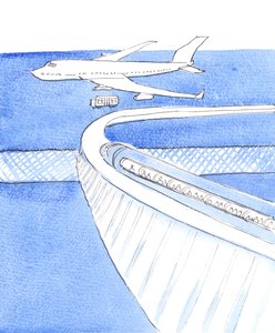 Livet levet i forening med Gud gennem dåben er som en rejse i et sæde på en monorail; toget ankommer til en lufthavn, som repræsenterer en lykkelig død; for der venter et fly, som vil ende i himlen, 2004 (akvarel på papir). af Elizabeth Wang