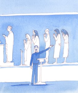 Mange katolikker i dag, som ikke tror på alle Kirkens læresætninger, maler en karikatur af tiden før det sidste koncil, 2005 (akvarel på papir). af Elizabeth Wang