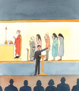 Mange katolikker i dag, som ikke tror på alle Kirkens læresætninger, maler en karikatur af tiden før det sidste koncil, 2005 (akvarel på papir). af Elizabeth Wang