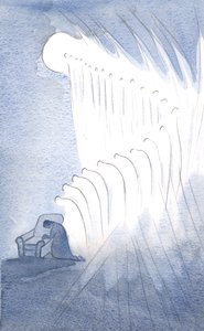 Min skytsengel og mange andre bøjede sig i ærbødig bøn ved ordene: "Ære være Faderen?", 2001 (w/c på papir) af Elizabeth Wang