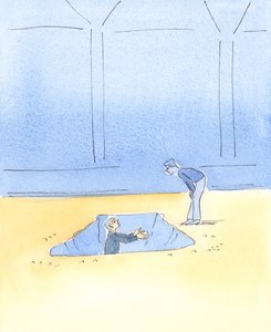 Hvad nytter det, hvis en mand, der skal løftes fra et hul i vejen, blot får at vide af en forbipasserende: "Jeg beder for dig"? Der er brug for både bøn og praktisk hjælp., 2004 (w/c på papir) af Elizabeth Wang