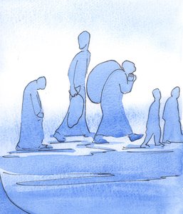 På vej til et vidunderligt land: Kirken er som en gruppe tænksomme flygtninge, der forventer fare, flugt og nød. De bærer, hvad de skal bruge, 2003 (w/c på papir) af Elizabeth Wang