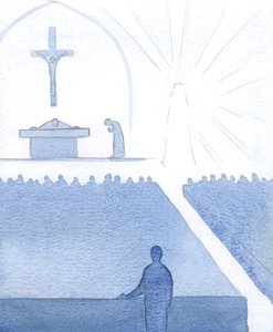 På dagen for min modtagelse i den katolske kirke var der lige pludselig kendskab til Marias tilstedeværelse der; hun var ikke en legende, men en person af kød og blod, 2000 (w/c på papir) af Elizabeth Wang