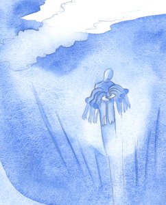 En, der beder i Kristi navn for andre, bærer nogle op til Himlen i sine arme, som ellers ikke ville have noget håb om glæde, 2001 (w/c på papir) af Elizabeth Wang