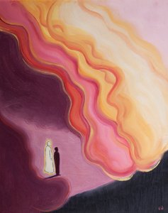 Kun gennem Kristus kan vi stå over for Guddommens overvældende renhed og kraft, 2002 (olie om bord) af Elizabeth Wang