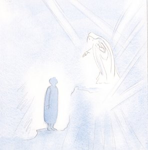 Vor velsignede frue er langt over os i nåde og hellighed, men vi skal ikke være bange for at nærme os hende., 2001 (w/c på papir) af Elizabeth Wang