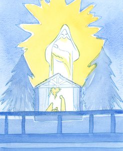Vor Velsignede Frue stod i Frue Kapellet i herlighed og viste, hvordan hun deler vores glæde på festen for sin søns fødsel, Vorherre, 2003 (w/c på papir) af Elizabeth Wang