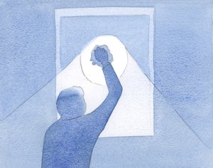 Vores inderlige bønner er som den kraftige polering af en snavset rude: dagslyset, som er Kristi evigt udgydende kærlighed, slippes ind!, 2001 (w/c på papir) af Elizabeth Wang