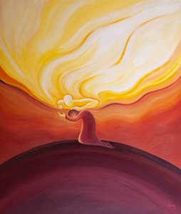 Vores mindste bønner bliver budt velkommen, hørt og belønnet af Gud, der er som en far, der stryger sit elskede barn, 2001 (olie om bord) af Elizabeth Wang