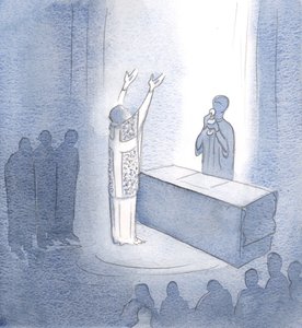 Vores bønner bliver hørt af denne grund: De er forenet med Kristi bøn, som er til stede, vores evige ypperstepræst., 2001 (w/c på papir) af Elizabeth Wang