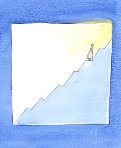 Vores fremskridt mod himlen kan være som en salgsgraf, 2003 (w/c på papir) af Elizabeth Wang