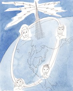 Vores åndelige fællesskab, i de helliges fællesskab, er som forbindelsen i et telefonmøde, 2003 (w/c på papir) af Elizabeth Wang