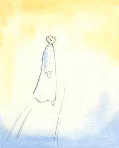 Pave Johannes Paul II svæver i det høje, efter sin død, og fortsætter hurtigt ind i Himlen, så fuldstændig var hans forening med Gud, og så stor hans hellighed, enkelhed og renhed., 2006 (w/c på papir) af Elizabeth Wang