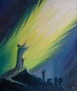 Bøn med Kristus er herlig og effektiv, men uden ham er det som at råbe ud i mørket, 2001 (olie om bord) af Elizabeth Wang