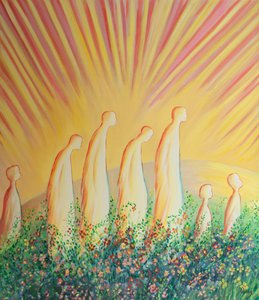 Rensede sjæle går nu på et tæppe af blomster i glæde og enkelthed, befriet fra al kynisme og hårdhjertethed, 2001 (olie om bord) af Elizabeth Wang