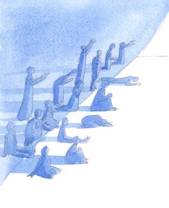Rige og fattige, syge og raske, kan modtage tro, 2004 (akvarel på papir) af Elizabeth Wang