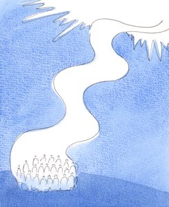 Hellig liturgi er som en flod af lovsang, der strømmer fra kirken, opad mod Gud i evigheden, 2004 (w/c på papir) af Elizabeth Wang