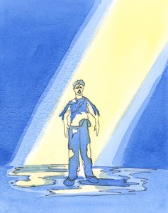 Nogle mennesker, selvom de er blevet frelst, ser tydeligt, når de dør, hvor dårligt forberedte de er på Himlen, som om de var iført beskidt tøj - fordi de har forsømt bod og bøn, 2004 (w/c) af Elizabeth Wang