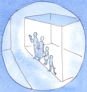 En person, der byder en anden person velkommen til at bede sammen med dem, opfører sig på en venlig, hjælpsom måde, hvilket giver store fordele, 2003 (w/c på papir) af Elizabeth Wang