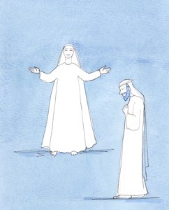 Josef så på sin kone, Maria, med både ærefrygt, undren og kærlighed. Hans hengivenhed til hende var dybfølt og utrættelig, da han anså sig selv for at være privilegeret ved at kunne tage sig af hende og hendes guddommelige søn, 2005 (akvarel på papir) af Elizabeth Wang