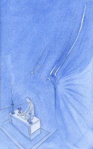 Bag alteret står to hellige engle: høj, fantastisk, smuk som en form i ild, skinnende guld på hoved og vinge, 2001 (w/c på papir) af Elizabeth Wang