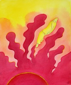 Den hellige jomfru Marias himmelfart, som blev løftet op til himlen af Helligånden, 2001 (w/c på papir) af Elizabeth Wang