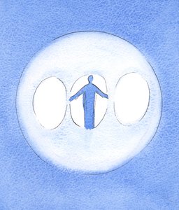 Den velsignede treenighed kan ses som et tredobbelt lys med Kristus Gud-mennesket i centrum, 2003 (w/c på papir) af Elizabeth Wang