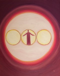 Den velsignede treenighed kan ses som et tredobbelt lys med Kristus Gud-manden i centrum, 2003 (olie om bord) af Elizabeth Wang