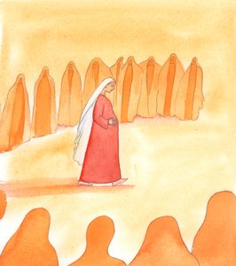 Den hellige jomfru Maria accepterede Guds vilje, som var, at hun skulle bære et barn i sit skød, 2005 (akvarel på papir) af Elizabeth Wang