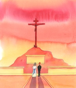Faderen i himlen ser ned på mange børn, der er blevet dårligt undervist, 2005 (akvarel på papir) af Elizabeth Wang