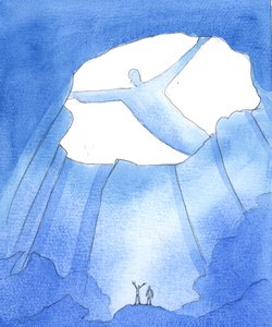 Faderen ser alt, hvad der sker med os, når vi lever og arbejder i det jordiske livs "mørke", som i en dyb hule, langt under himlens herlighed, 2005 (akvarel på papir). af Elizabeth Wang