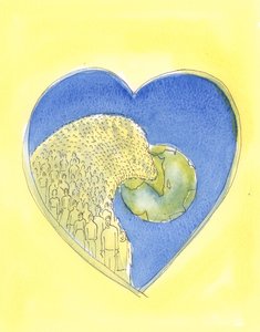 Jesu Kristi, vores Frelsers hjerte, er så stort, at det indeholder hele universet, vores verden og alle på den, 2004 (w/c på papir) af Elizabeth Wang