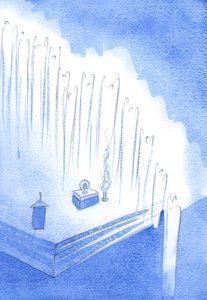 De hellige engle dannede en æresvagt fra kirkens højder - i stille tilbedelse af Kristus, ved Exposition, 2002 (w/c på papir) af Elizabeth Wang