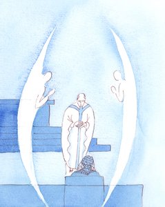 Den hellige eukaristi, som er Jesus Kristus virkelig til stede, er en så stor og hellig gave, at to engle ledsager præsten, når han bærer det velsignede sakramente til os, til den hellige kommunion, 2005 (akvarel på papir). af Elizabeth Wang