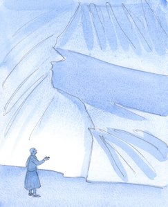 Herren viste mig en person med en lille sten i hånden, som repræsenterede den rene næstekærlighed, som hun demonstrerer for alle, 2004 (w/c på papir) af Elizabeth Wang