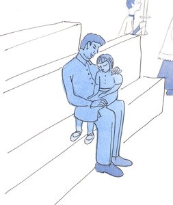 Herren er ikke mere bekymret over min distraktion ved messen, når jeg er træt og har smerter, end hvis jeg var et sygt barn på hendes fars skød, ved messen, 2004 (w/c på papir) af Elizabeth Wang