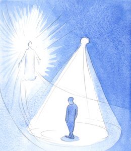 Den Allerhelligste Ånd er som en lampe, der skinner over os, når vi går mod Kristus i himlen, 2001 (w/c på papir) af Elizabeth Wang