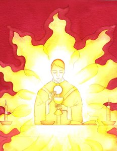 Jesu tilstedeværelse i eukaristien er som en flammende ild af herlighed, 2001 (w/c på papir) af Elizabeth Wang