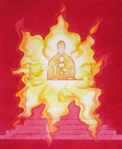 Jesu tilstedeværelse i eukaristien er som en flammende ild af herlighed, 2001 (w/c på papir) af Elizabeth Wang