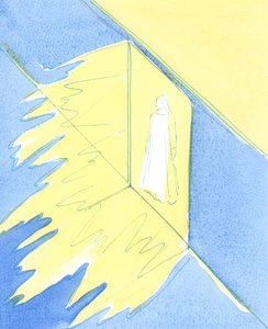 Kirkens sakramenter er som en åben døråbning, hvorigennem alle Guds nåder udgydes, som vi har brug for til hellighed og frelse, og gennem hvilke vi møder Kristus., 2003 (w/c på papir) af Elizabeth Wang