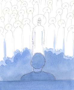 De hellige er overalt omkring os, sammen med Kristus, mens vi beder; de fryder sig over kærligheden i vores hjerter og i hvert ærbødigt ord og gestus, når vi ærer dem og tilbeder og priser de tre guddommelige personer., af Elizabeth Wang