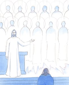 De hellige i himlen er der, fordi de gjorde Guds vilje i jordelivet, eller gjorde det for sent efter at have angret; så Kristus værdsætter enhver handling af lydighed mod hans ønsker, 2005 (akvarel på papir) af Elizabeth Wang