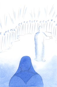 Himlens hellige fryder sig over vores kærlighed til Kristus og over vores gode handlinger, fordi al glæde i himlen er delt, 2002 (w/c på papir) af Elizabeth Wang