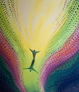 Englene fryder sig over Jesu himmelfart, da han vender tilbage til Faderen i herlighed, 2000 (olie om bord) af Elizabeth Wang