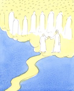 Den velsignede sjæl, der har holdt ud til det sidste, i kærlighed til Kristus og sin næste, ledes af Kristus ved hånden for at møde de himmelske venner, som er samlet for at byde hende velkommen i deres selskab, 2004 af Elizabeth Wang